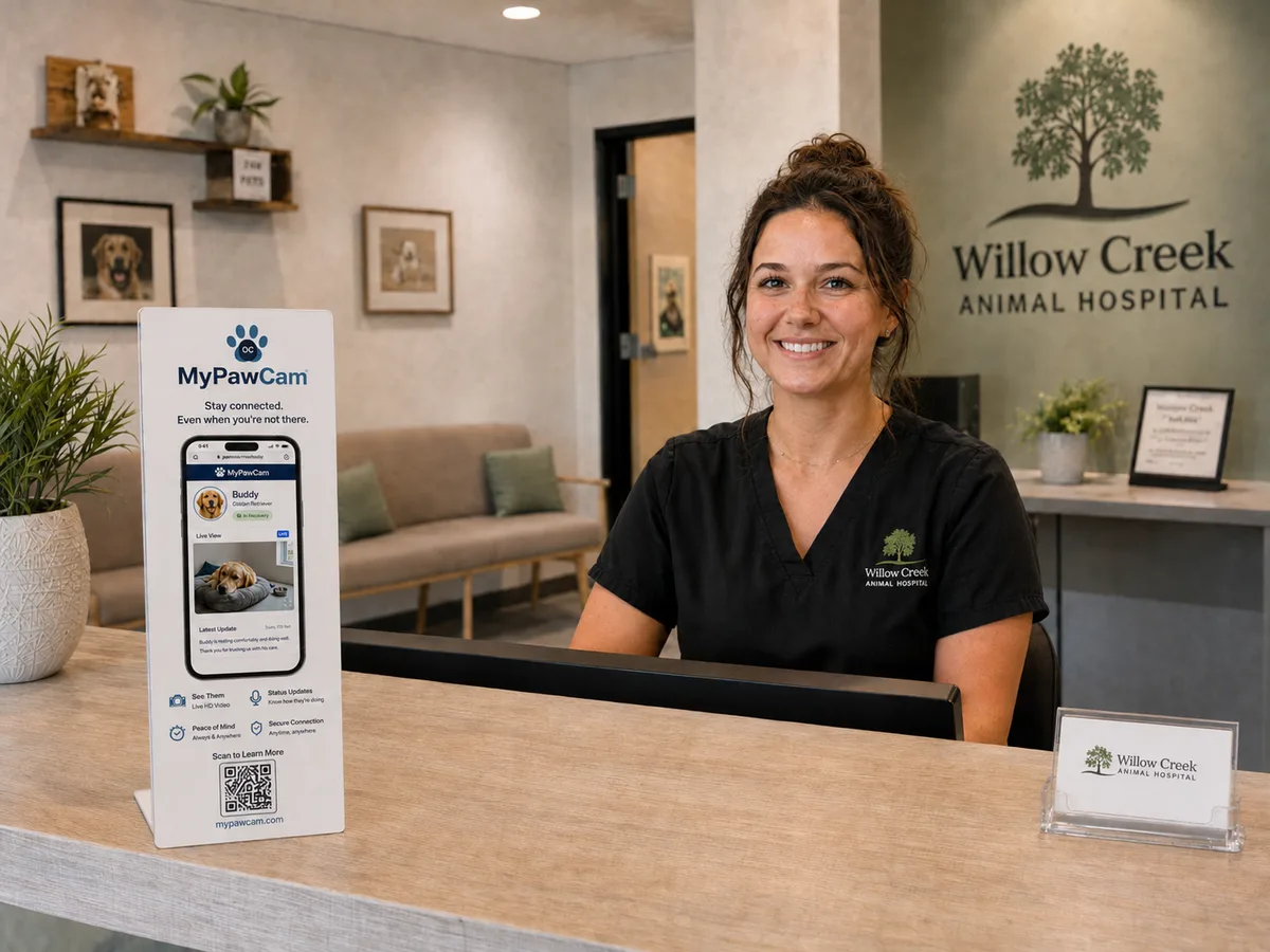 A MyPawcam counter sign on a veterinary clinic reception desk, with a receptionist behind it